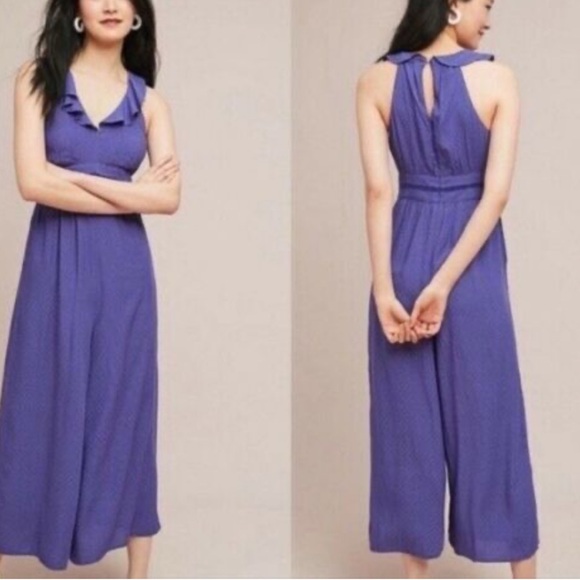 Anthropologie Maeve Justine Ruffled Polka Dot Wide Leg Jumpsuit in Marin Navy